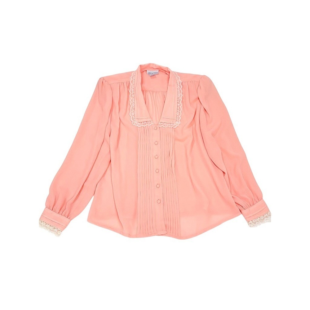 Abbie & Others‎ Vintage Peach Lace Trim Pleated Button Front Blouse 2XL